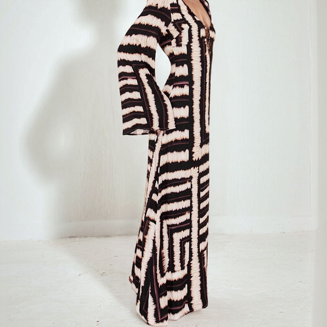Bohemian V-Neck Ring Detail Printed Maxi Dress