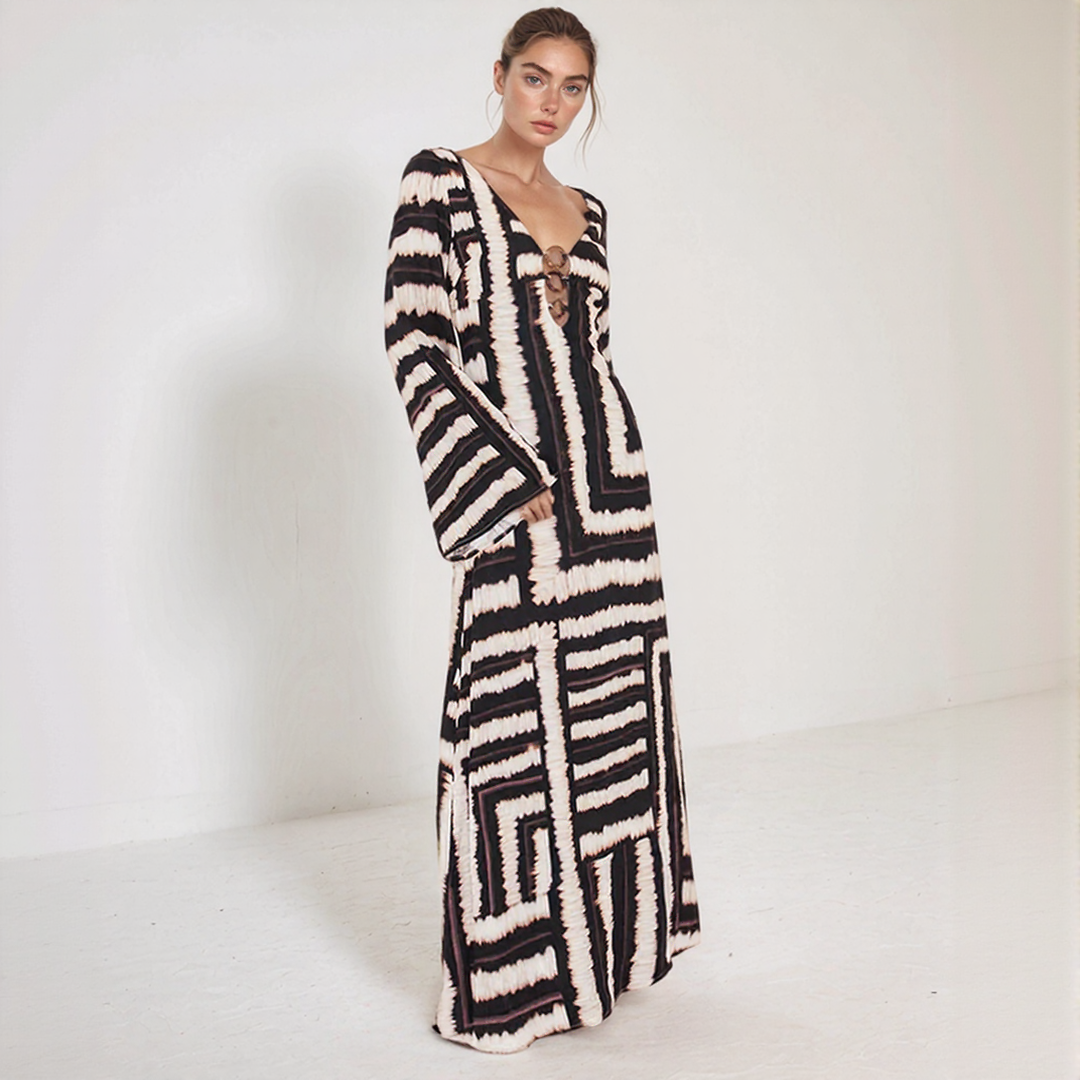 Bohemian V-Neck Ring Detail Printed Maxi Dress