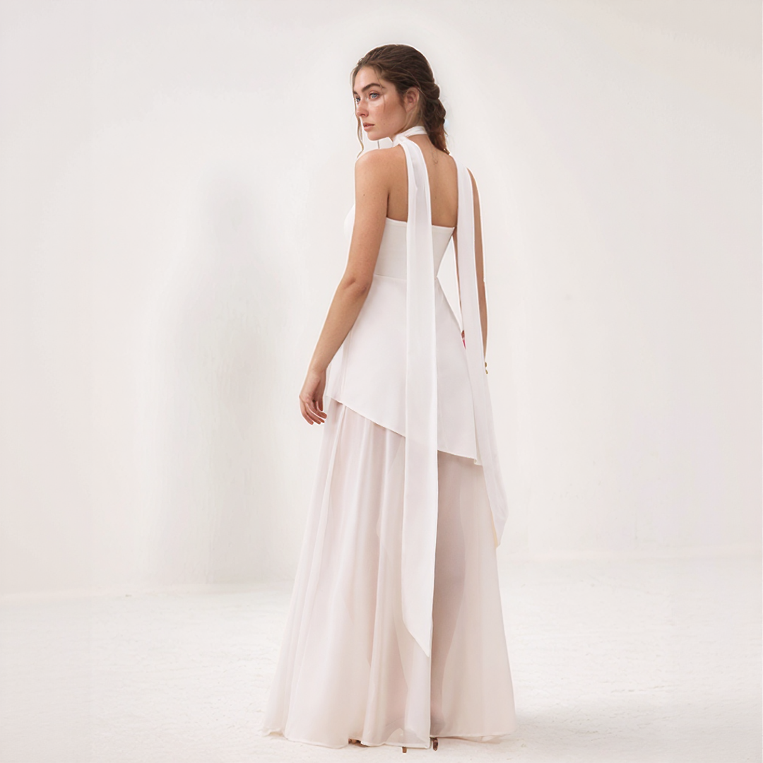 Asymmetric Chiffon Maxi Dress with Scarf Detail
