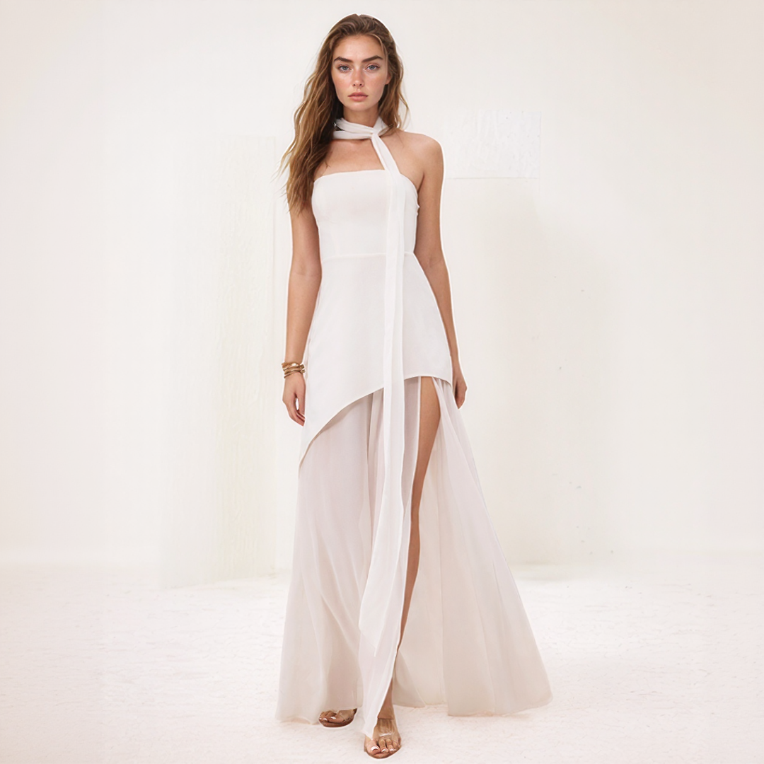 Asymmetric Chiffon Maxi Dress with Scarf Detail