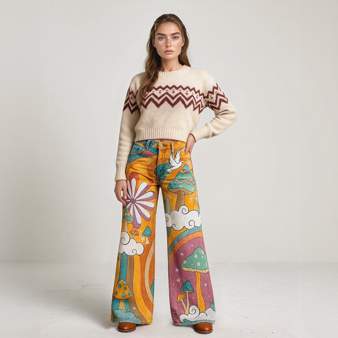 Colorful 70s Retro Wide Leg Jeans