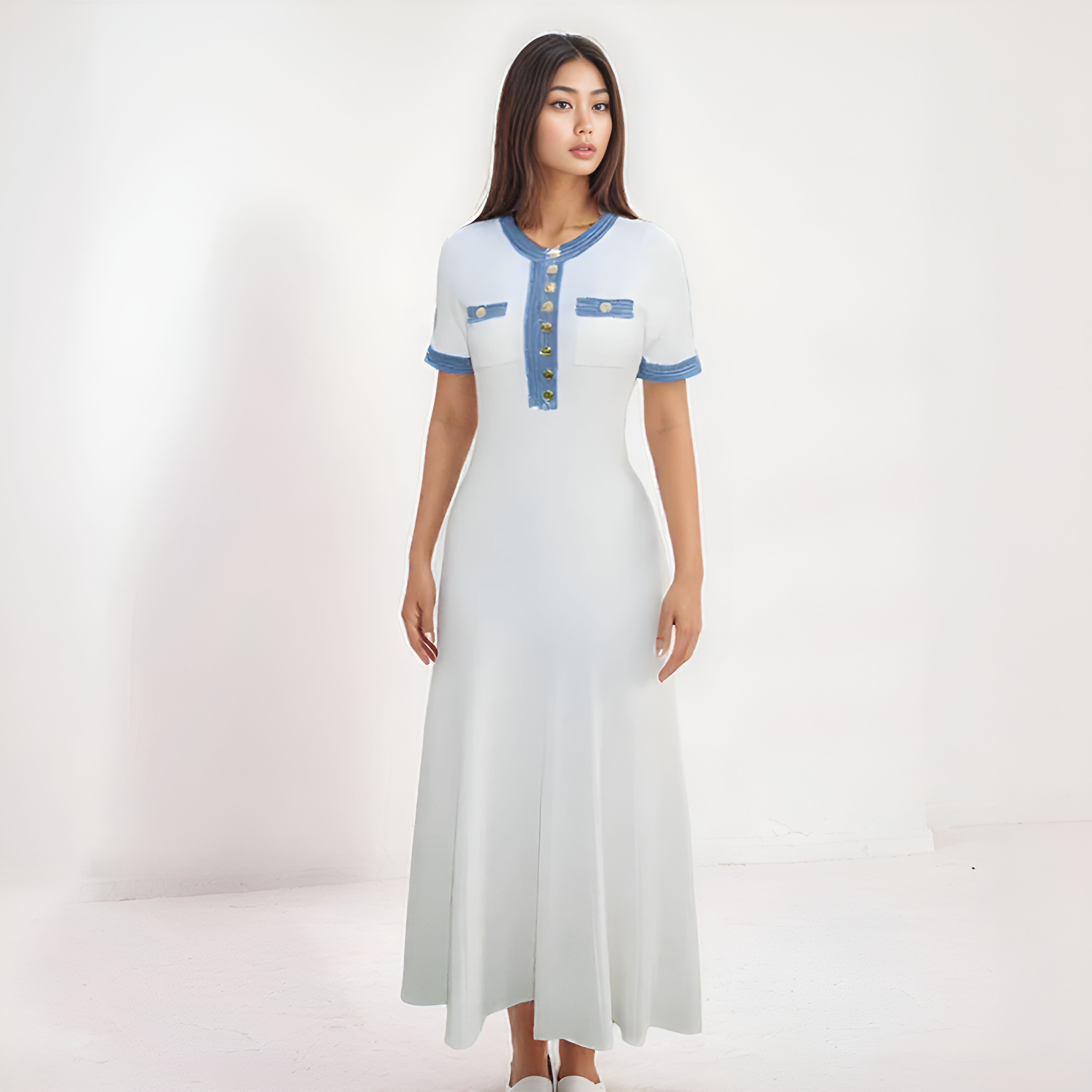 Chic Ribbed Maxi Dress with Denim Trim