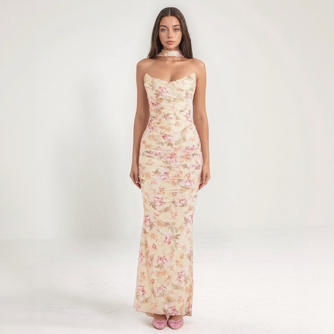Floral Two Piece Maxi Dress with Scarf Neck