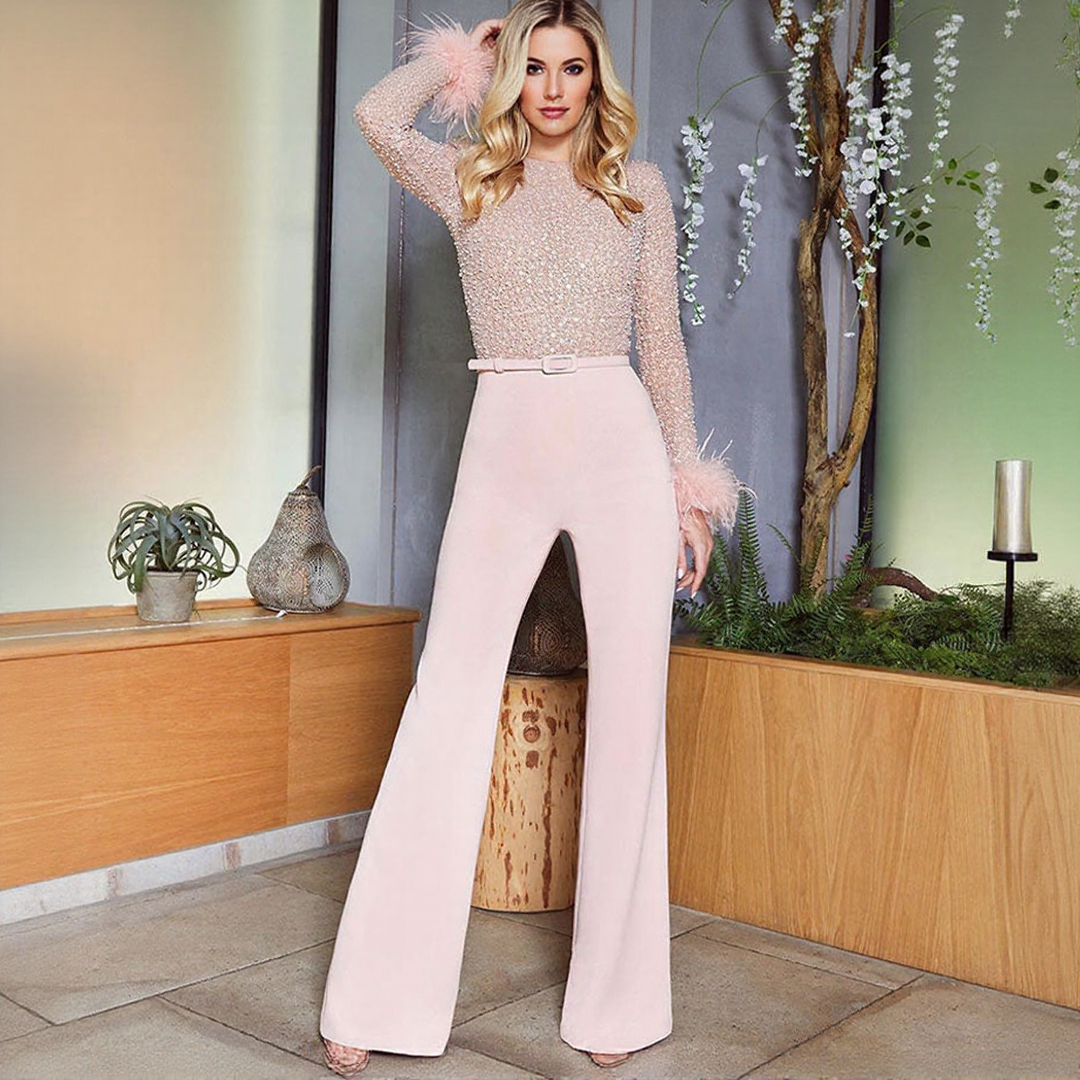 Elegant Sequin and Feather Jumpsuit