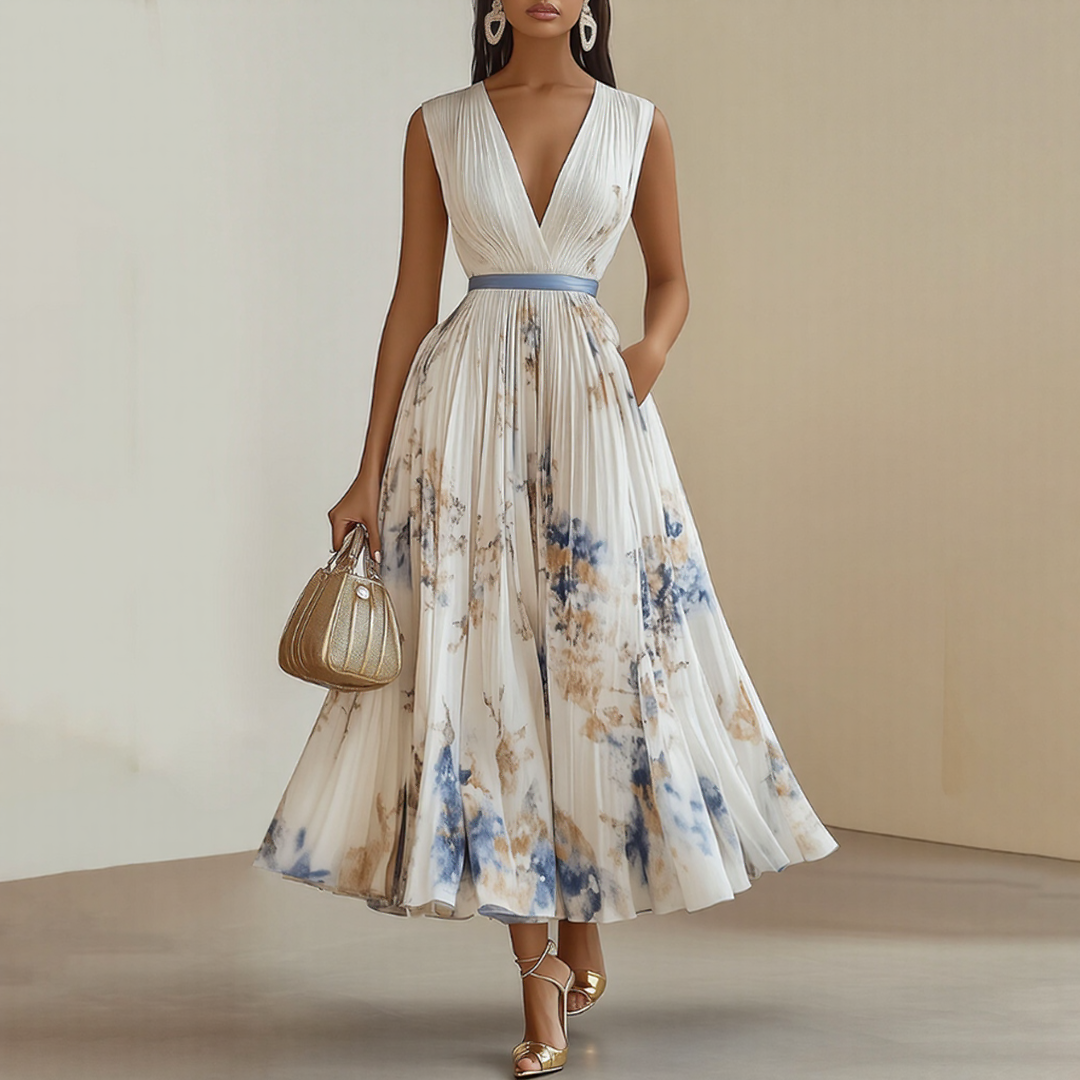 Elegant V-Neck Pleated Maxi Dress