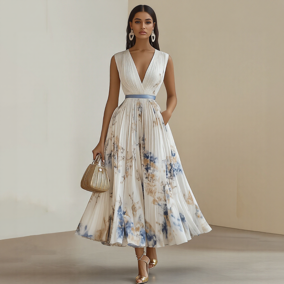 Elegant V-Neck Pleated Maxi Dress