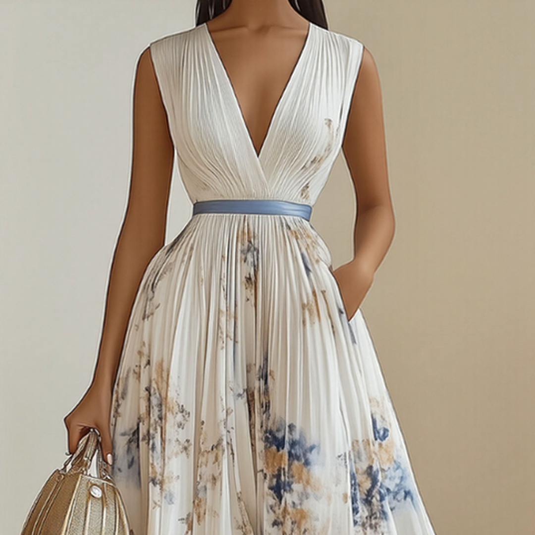 Elegant V-Neck Pleated Maxi Dress