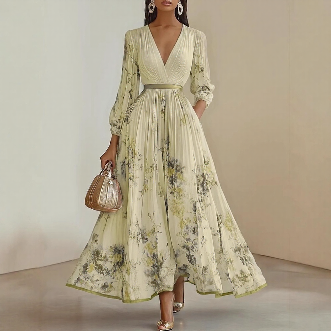 Elegant V-Neck Pleated Maxi Dress