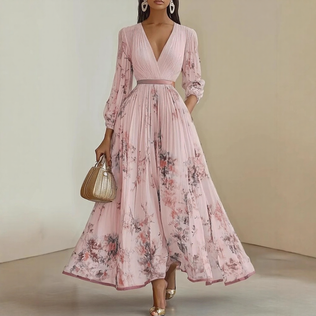 Elegant V-Neck Pleated Maxi Dress