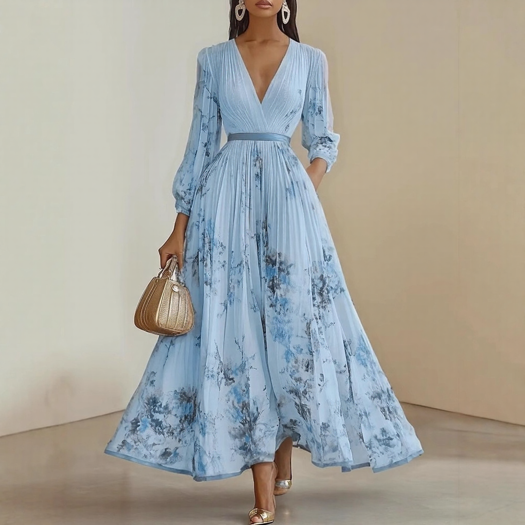 Elegant V-Neck Pleated Maxi Dress