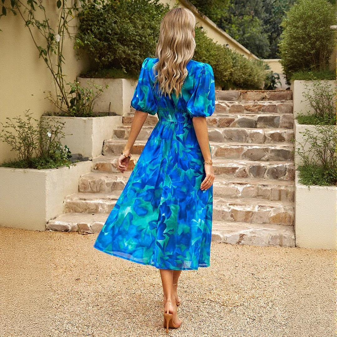 Summer Puff Sleeves Midi Dress with Floral Print