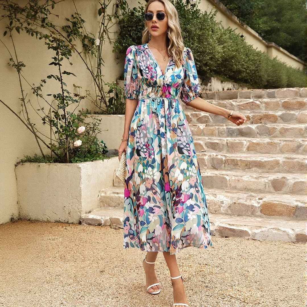 Summer Puff Sleeves Midi Dress with Floral Print
