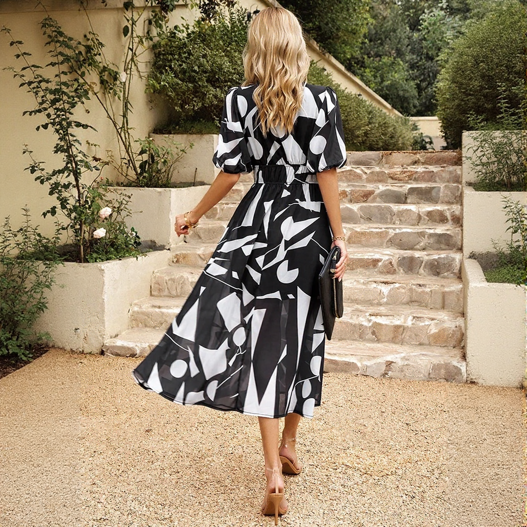 Summer Puff Sleeves Midi Dress with Floral Print