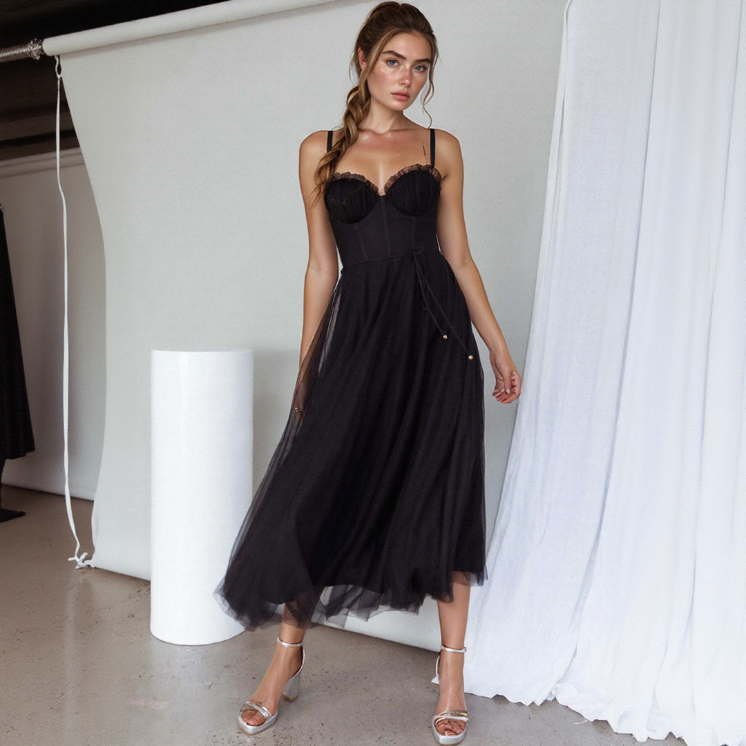 Elegant Tulle Midi Dress with Spaghetti Straps