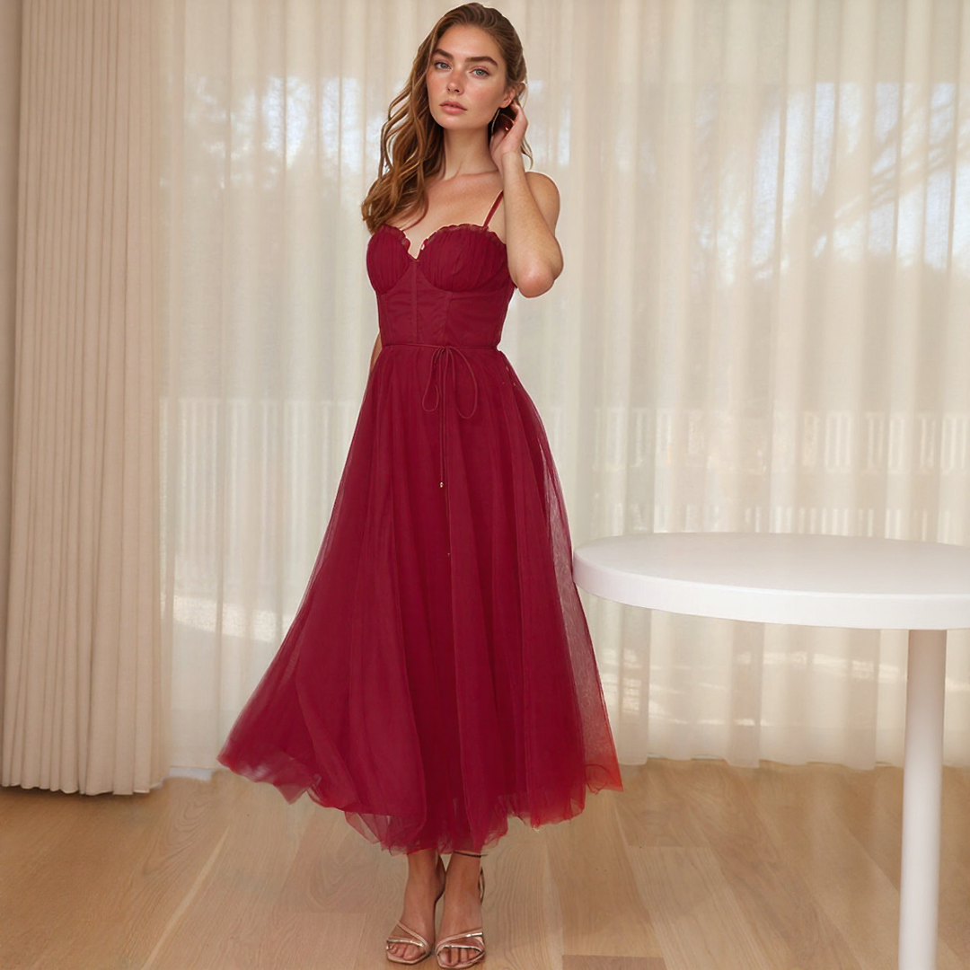 Elegant Tulle Midi Dress with Spaghetti Straps