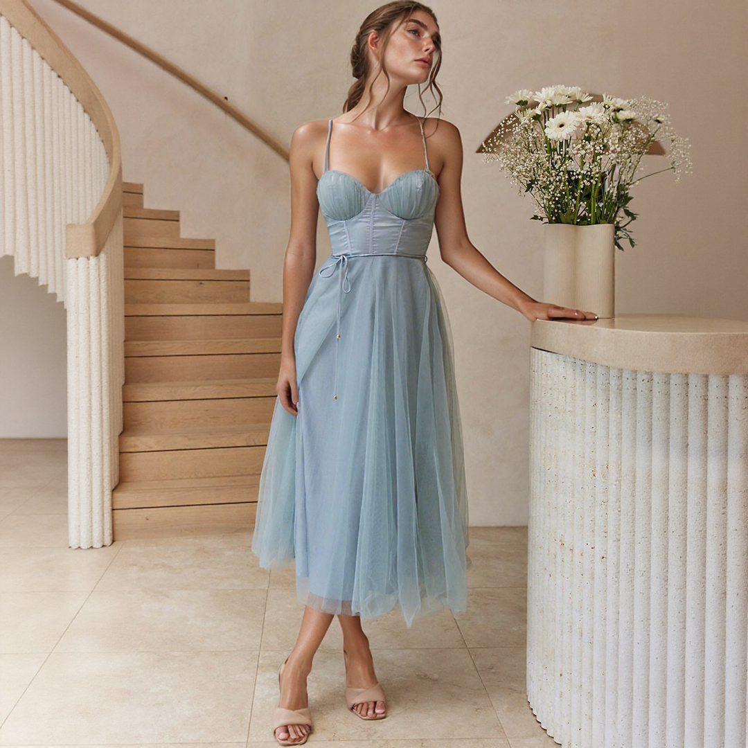 Elegant Tulle Midi Dress with Spaghetti Straps