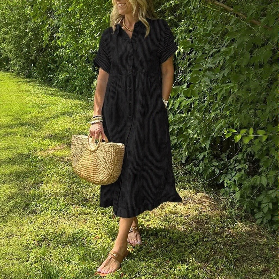Casual Striped Midi Dress with Pockets