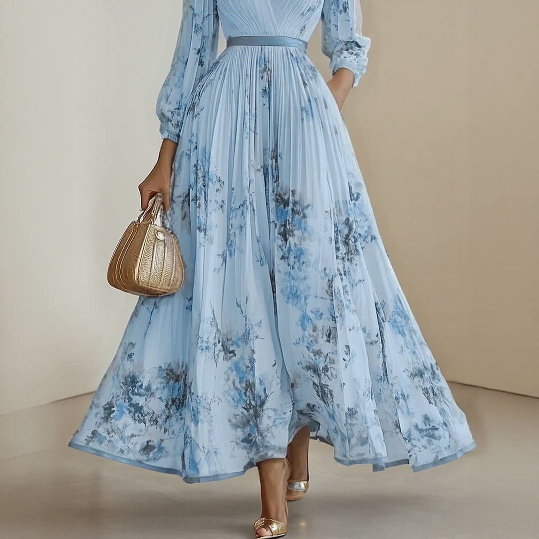 Elegant V-Neck Pleated Maxi Dress