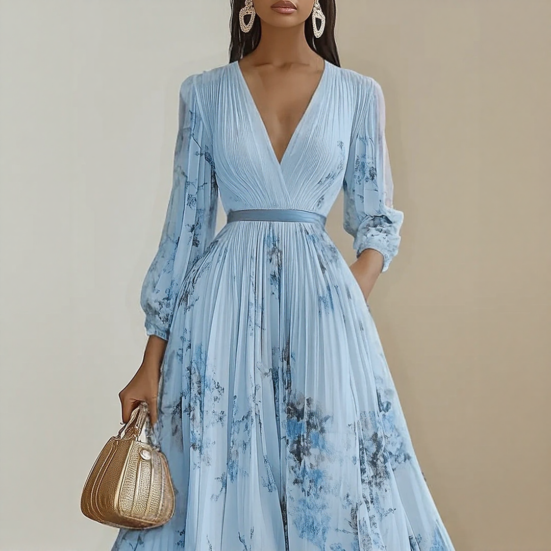 Elegant V-Neck Pleated Maxi Dress