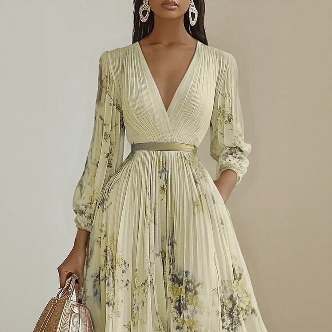 Elegant V-Neck Pleated Maxi Dress