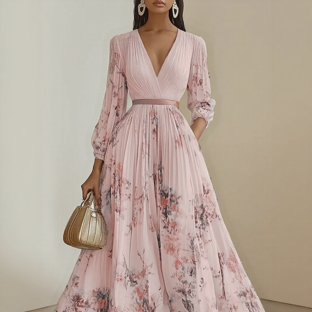 Elegant V-Neck Pleated Maxi Dress