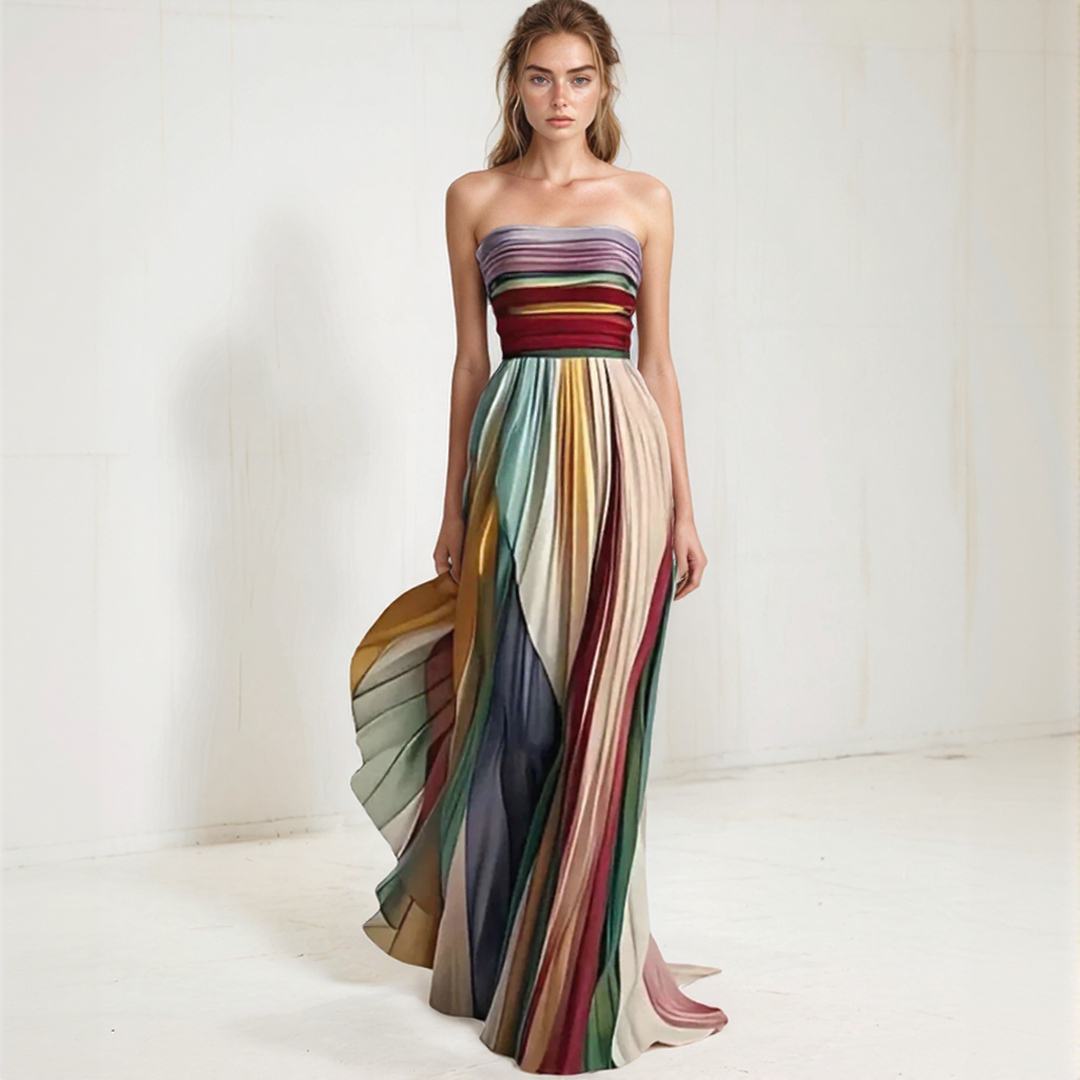Off Shoulder Multicolored Pleated Maxi Dress