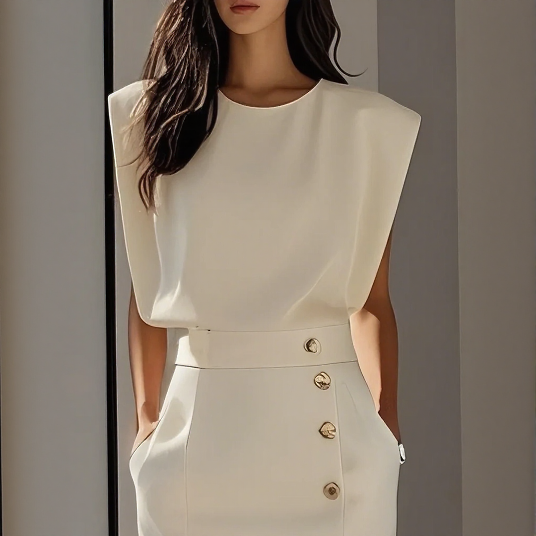 Elegant Crew Neck Button Slit Midi Dress for Women