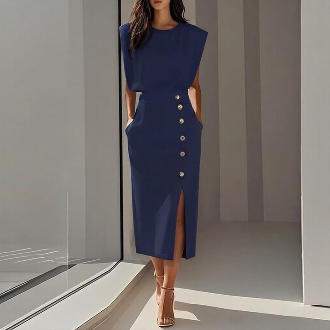 Elegant Crew Neck Button Slit Midi Dress for Women