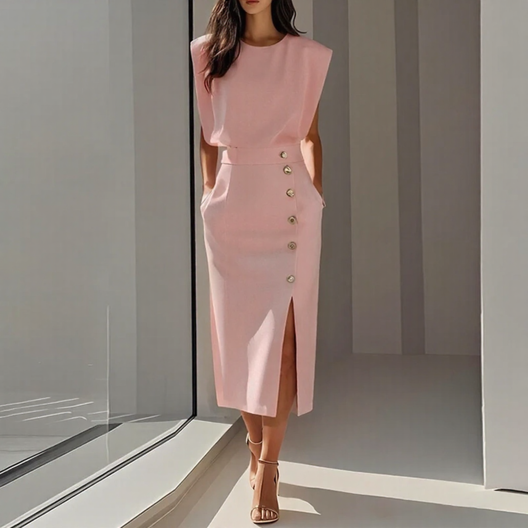 Elegant Crew Neck Button Slit Midi Dress for Women