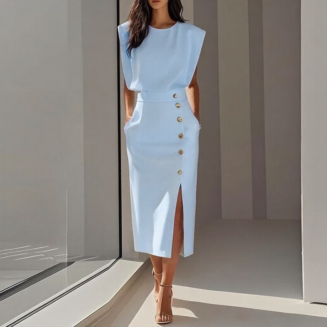 Elegant Crew Neck Button Slit Midi Dress for Women