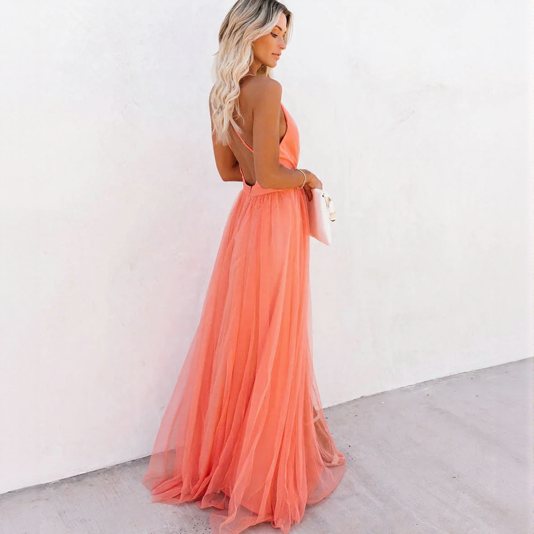 Backless Tulle Maxi Dress | Flowy Summer Wedding & Vacation Gown