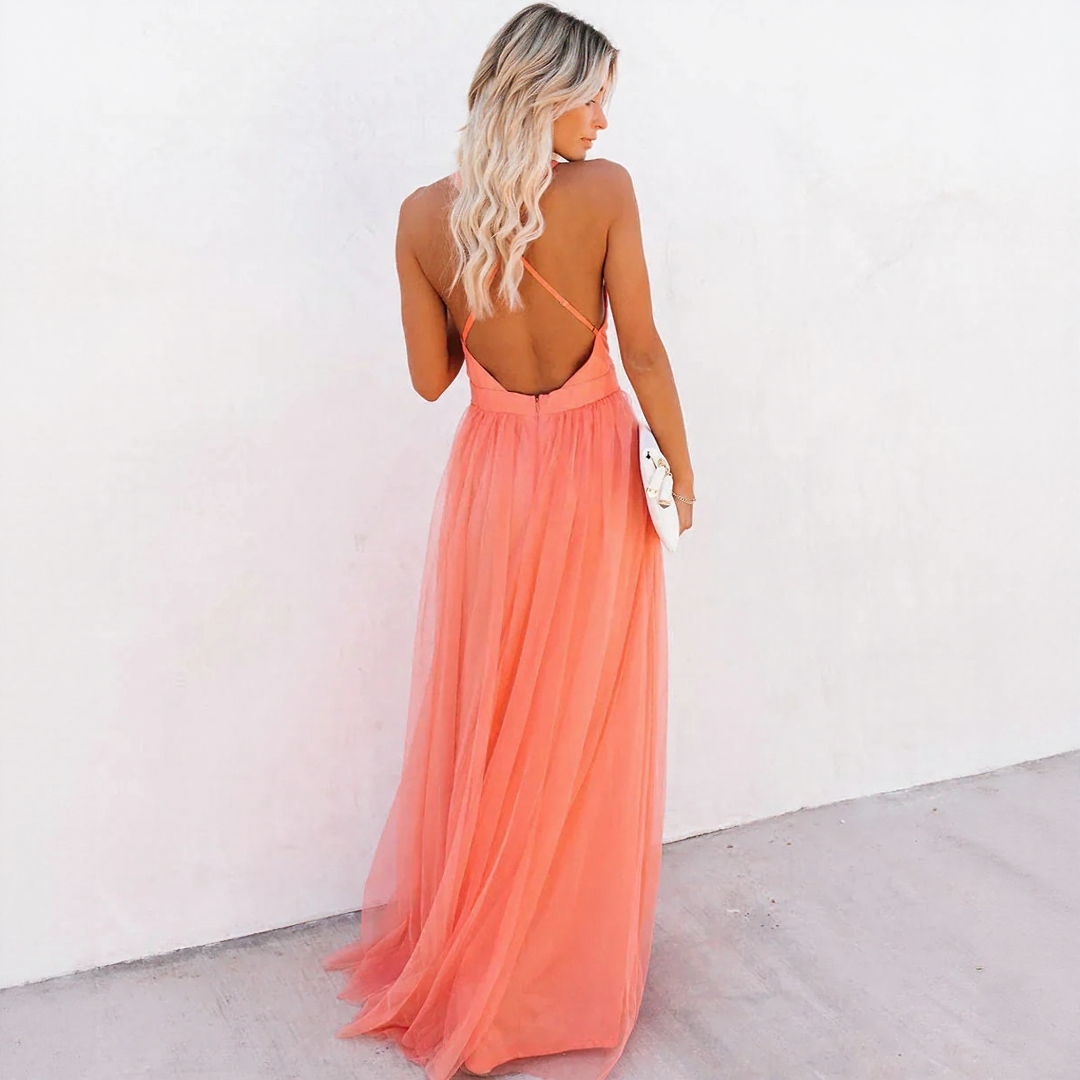 Backless Tulle Maxi Dress | Flowy Summer Wedding & Vacation Gown