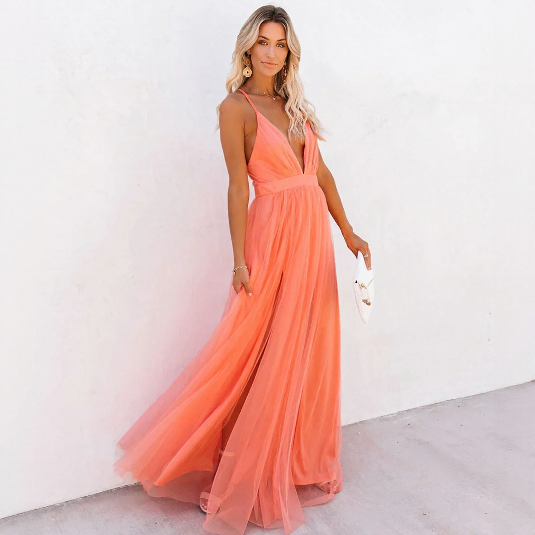 Backless Tulle Maxi Dress | Flowy Summer Wedding & Vacation Gown