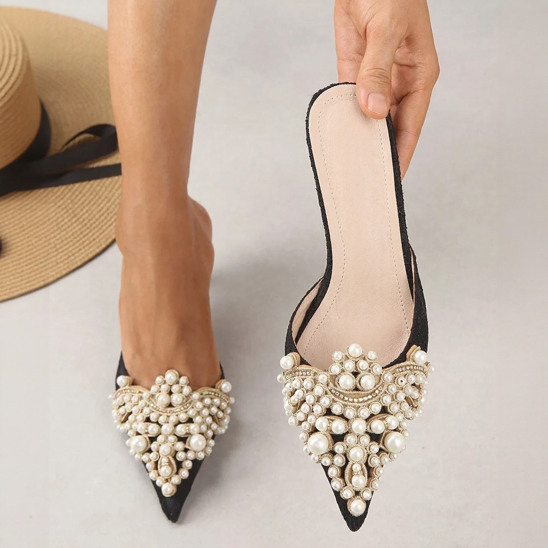 Pearl Embellished Pointed Toe Mules | Elegant Slip-On Heels for Parties & Weddings