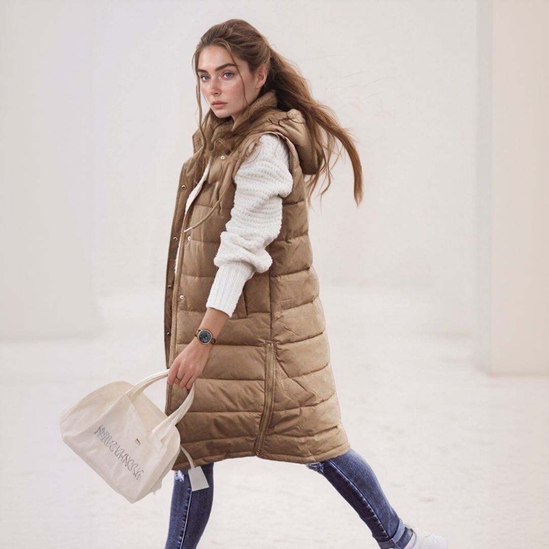Women’s Long Puffer Bodywarmer with Hood | Quilted Knee-Length Bodywarmer